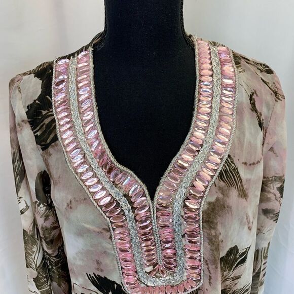 Premise brown pink sheer chiffon gem jewelled beach coverup blouse top Sz L 🔥 - Picture 3 of 9